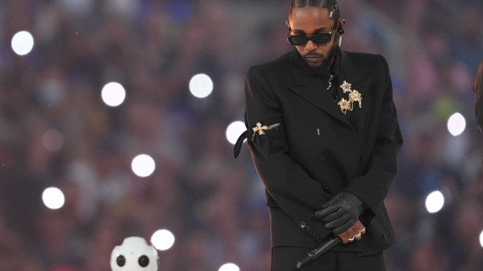 Kendrick Lamar performs in the Pepsi Halftime Show during the NFL Super Bowl LVI football game between the Cincinnati Bengals and the Los Angeles Rams at SoFi Stadium on February 13, 2022 in Inglewood, California.